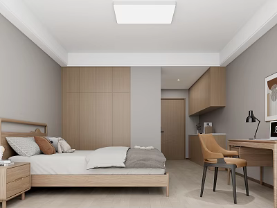 Minimalist Apartment Bedroom Featuring Wooden Wardrobe Bed Desk And Chair 3d model