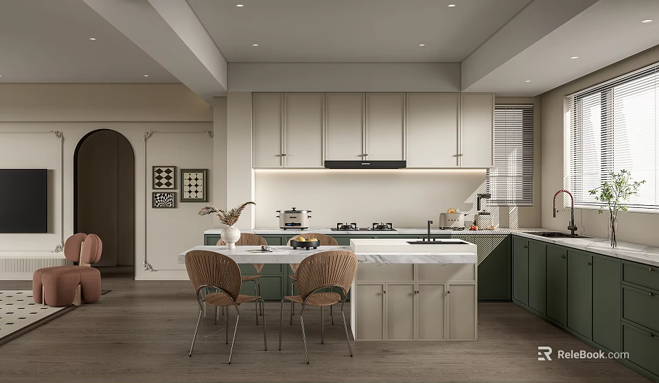 Elegant Modern Kitchen Interior With White And Green Cabinets Marble Island Countertop And Chairs 3d model 