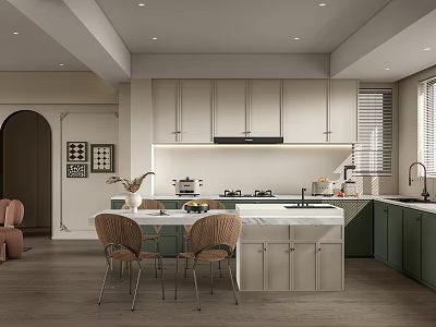 Elegant Modern Kitchen Interior With White And Green Cabinets Marble Island Countertop And Chairs 3d model