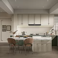 Elegant Modern Kitchen Interior With White And Green Cabinets Marble Island Countertop And Chairs