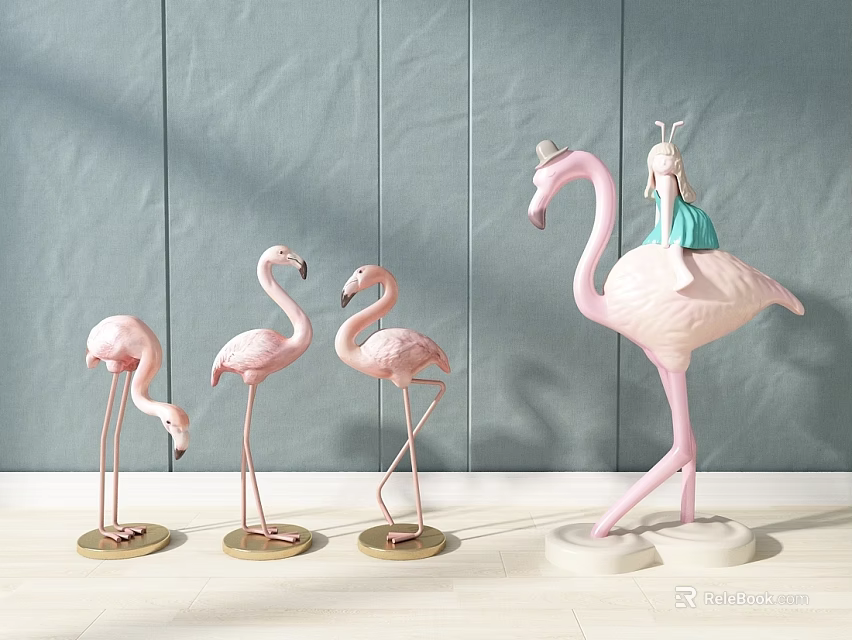 Adorable Flamingo Toy Dolls Display Three Small And One Large With Girl Figure On Top 3d model 