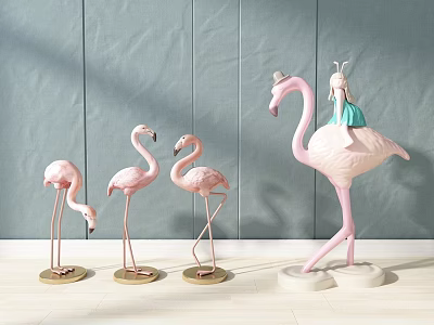 Adorable Flamingo Toy Dolls Display Three Small And One Large With Girl Figure On Top 3d model