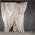 Floral Installation with Beige Pleated Drapes Chandelier Gray Background Wall and Floor