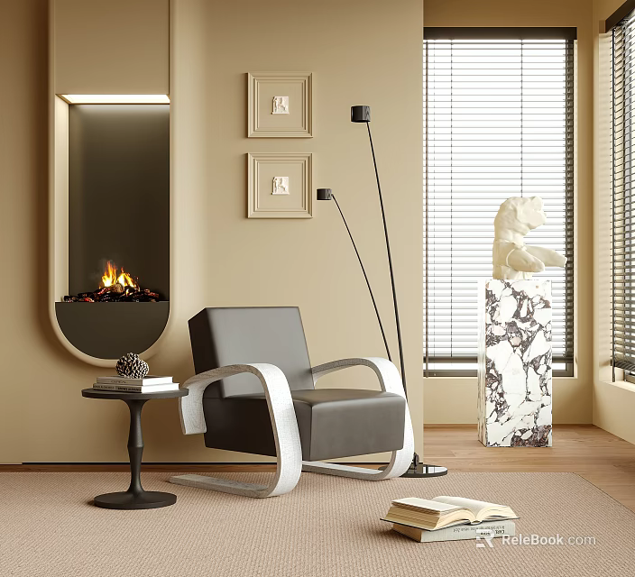 Comfortable Accent Chair With Side Table Fireplace Floor Lamp Window Blinds Marble Sculpture Framed Artworks 3d model 