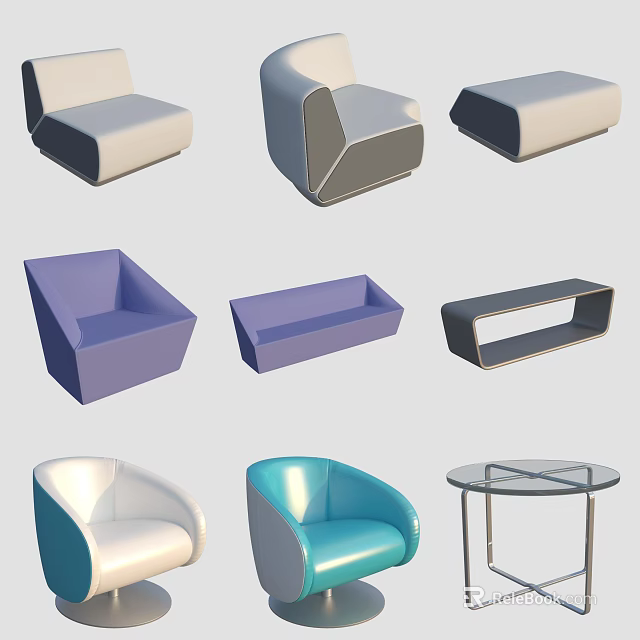 Modern Sofa Coffee Table Set With Purple Blue White Seats And Glass Top 3d model 