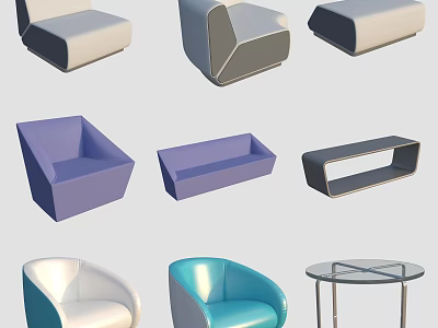 Modern Sofa Coffee Table Set With Purple Blue White Seats And Glass Top 3d model