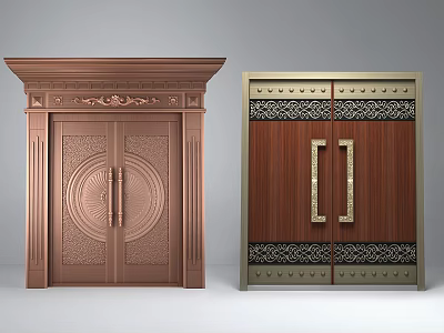 Copper And Wooden Entrance Doors With Carved Patterns Metal Accents And Handles 3d model