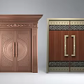 Copper And Wooden Entrance Doors With Carved Patterns Metal Accents And Handles