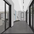 Modern Furniture Showroom Interior With Beige Sofa Black Chair Digital Screen And Glass Doors