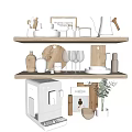 Minimalist Kitchen Shelves with Coffee Machine Wine Glasses Wooden Cutting Boards and Green Plant