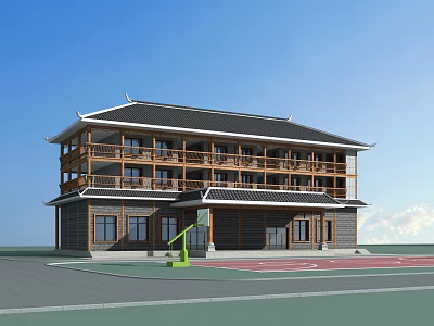 Traditional Style Two Story Office Building With Black Roof Wooden Elements And Basketball Court 3d model