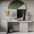 Modern Console Table With Round Mirror Statue And Dried Pampas Grass On Grid Wall 3d model