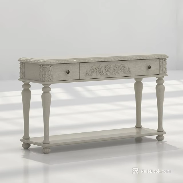 White Entryway Console Table With Carved Details And Drawers On Elegant Legs 3d model 