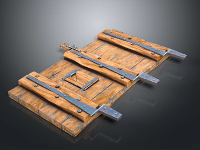 Antique Wooden Door With Plank Structure And Metal Hinges Design Details 3d model
