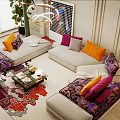 Modern Colorful Sofa and Coffee Table Set With Vibrant Pillows Green Plants and Patterned Rug