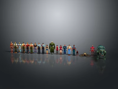 Diverse Characters And Creatures Models Arranged In Lineup On Reflective Surface 3d model