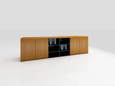 Oak Wooden Bookcase With Closed Cabinets And Open Shelves Holding Books 3d model