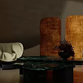 Elegant Single Sofas With White Cushion Brown Frame Green Stone Coffee Table And Wooden Panels