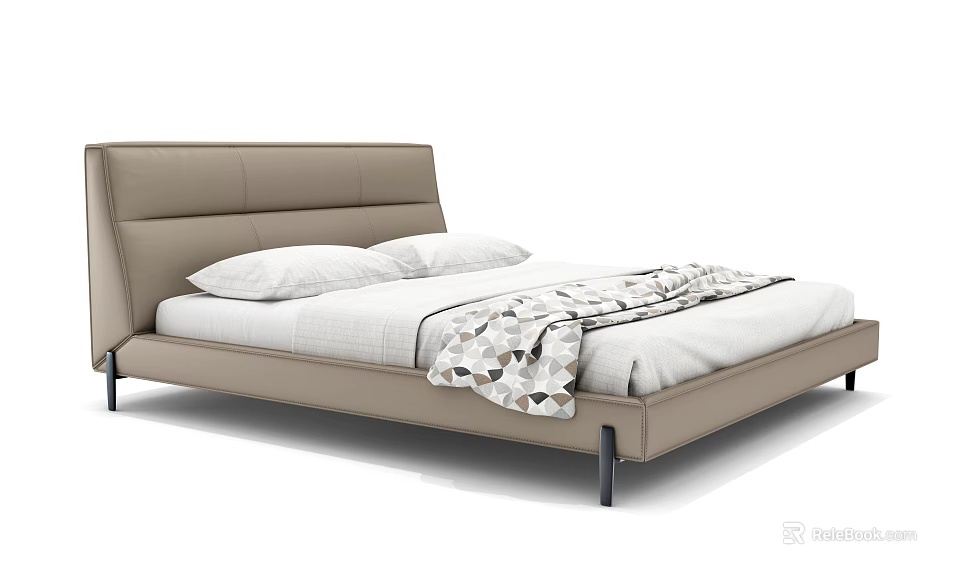 Modern Double Bed With Beige Headboard White Bedding And Geometric Blanket 3d model 