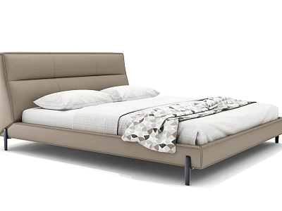 Modern Double Bed With Beige Headboard White Bedding And Geometric Blanket 3d model