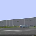 Modern Industrial Factory Building With Large Windows Delivery Truck And Parking Area In Front