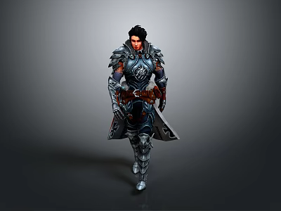 Armored Fantasy Warrior With Black Hair Wearing Detailed Metallic Armor And Holding Sword 3d model