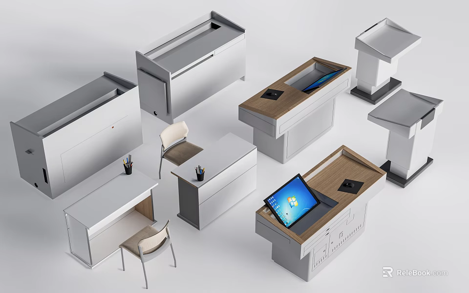 Sleek Modern Bar Counter Designs With Wooden White Finishes Digital Screens And Chairs 3d model 