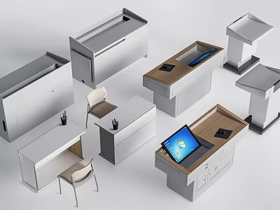 Sleek Modern Bar Counter Designs With Wooden White Finishes Digital Screens And Chairs 3d model