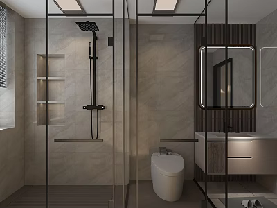 Modern Minimalist Bathroom Design With Glass Shower Enclosure Smart Toilet And Elegant Marble Wall Tiles 3d model