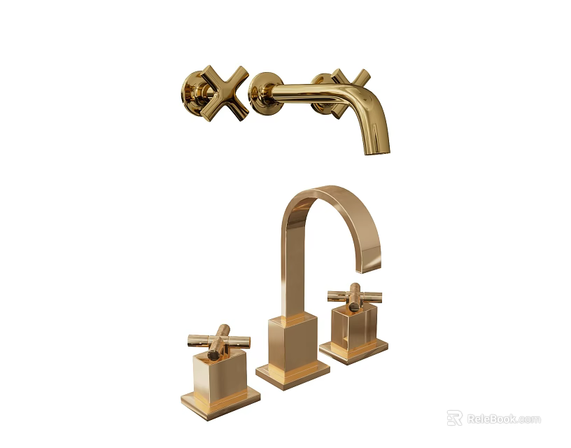 Elegant Golden Faucet With Two Handle Design And Various Spout Styles 3d model 