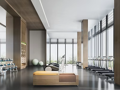 Spacious Modern Fitness Gym With Workout Equipment And Large Windows Interior Design 3d model