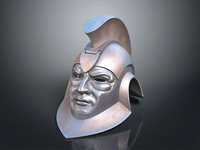 Ancient Metallic Helmet With Facial Carving And Decorative Crest Design 3d model