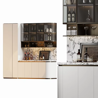 Modern Wine Cabinet With Glass Doors Marble Counter Wine Bottles And Glasses 3d model
