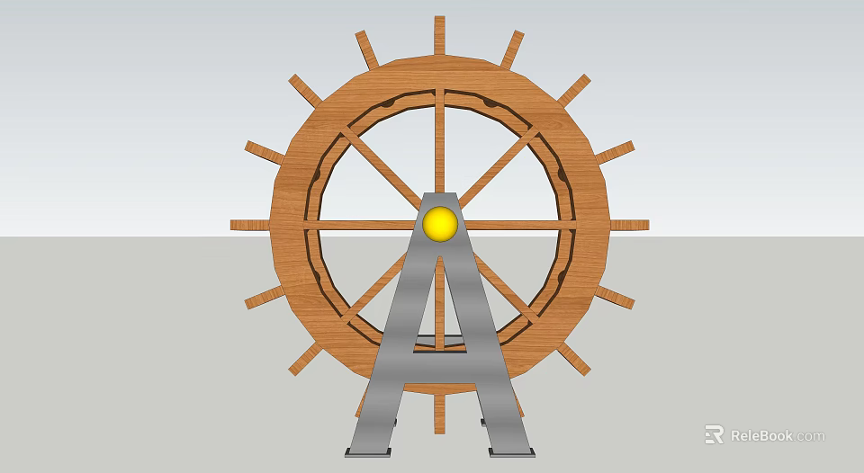 Wooden Ship Wheel With Metal Stand And Yellow Center For Nautical Decor 3d model 