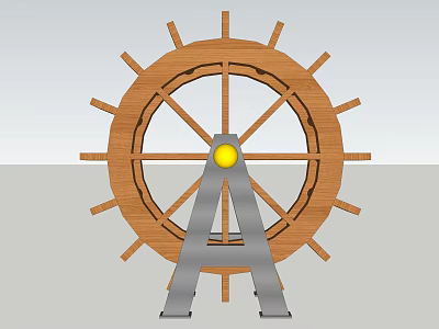 Wooden Ship Wheel With Metal Stand And Yellow Center For Nautical Decor 3d model