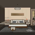 Modern Minimalist Bedroom Interior With Soft Beige Tones Upholstered Headboard Pendant Light And Herringbone Rug