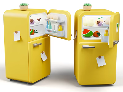 Yellow Refrigerators With Open Doors Food Inside Small Plants On Top Notes On Doors 3d model