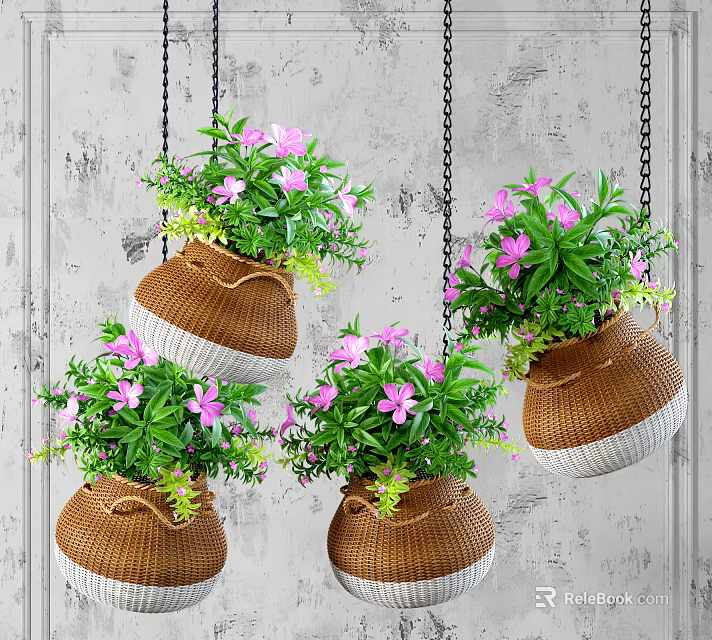 Woven Hanging Basket Plants With Pink Flowers Chain Hung On Gray Wall 3d model 