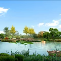 Tranquil Waterfront Landscape With Lake Islands Greenery Roads Parking Lots And Swans