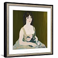 Elegant Woman Portrait Painting in Light Dress Holding Flowers Green Background Black Frame