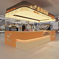 Bright Orange White Dessert Shop Counter With Displayed Pastries And Neon Mall Sign