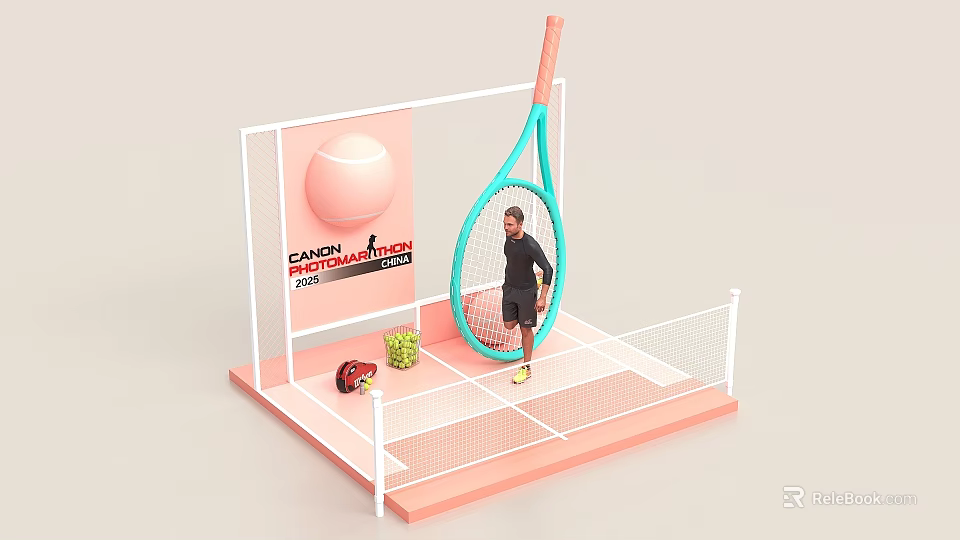 Tennis Themed Photo Check in Spot with Blue Racket Pink Ball and Tennis Net 3d model 
