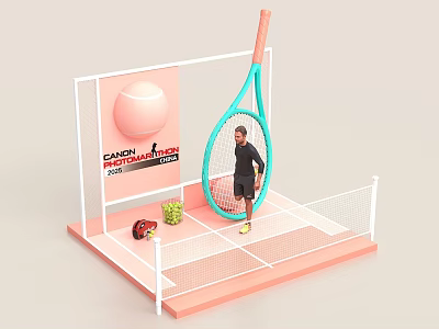 Tennis Themed Photo Check in Spot with Blue Racket Pink Ball and Tennis Net 3d model