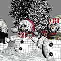 Snowy Winter Garden Landscape With Three Snowmen And Snow Covered Trees