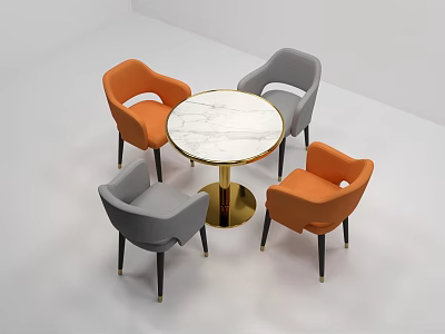 Modern Round Marble Table with Golden Legs and Orange Gray Chairs Set 3d model