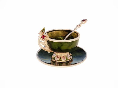 Elegant Green Tea Set With Ornate Handle Gemstone Spoon And Saucer 3d model