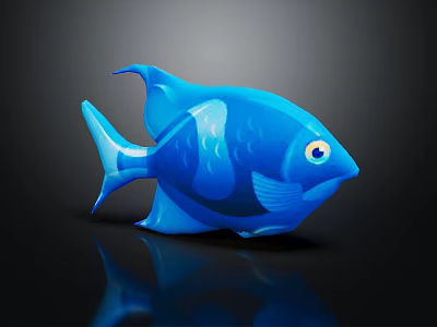 Blue Fish Shaped Doll With Glossy Surface White Accents And Vibrant Eyes On Black Background 3d model