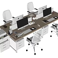 Modern Office Desk Setup With Multiple Monitors Keyboards And White Office Chairs 3d model