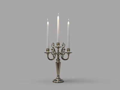 Classic Silver Candelabra With Three White Candles For Home Tabletop Decor 3d model