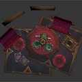 Cartoon Scene with Fairy Tale Castle Windows Red Scrolls Golden Lanterns and Decorative Vases